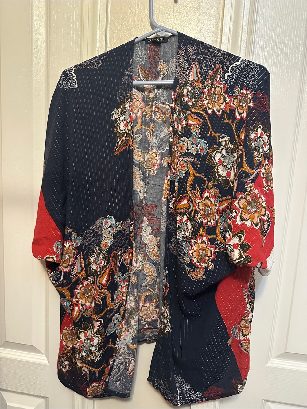 Zane Navy and Red Floral Open-Front Kimono Sweater